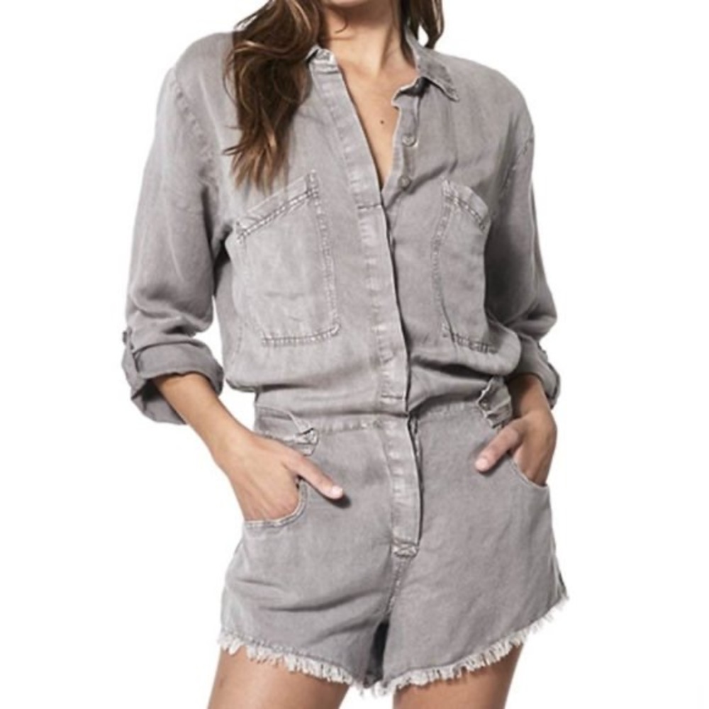 Young Fabulous & Broke Grey River Raw Edge Button Down Linen Short Romper